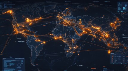 A dark-themed Earth with bright analytics lines, emphasizing global data transfer and statistics.