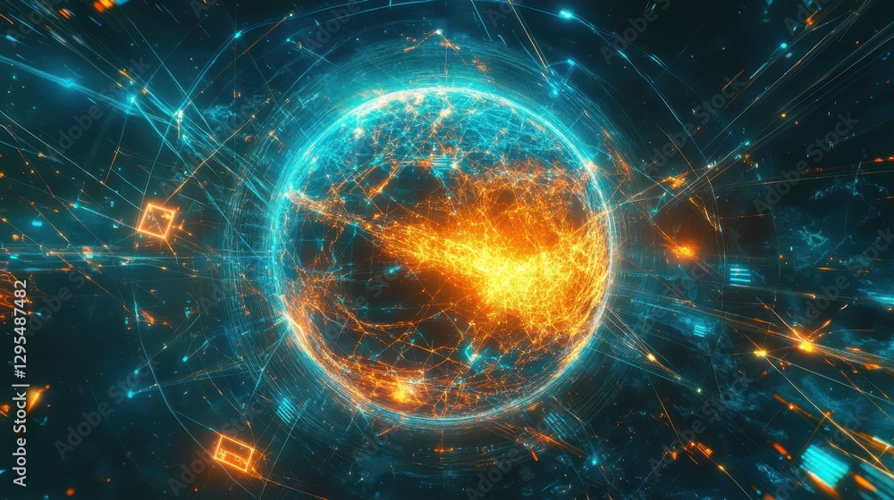 Aufkleber a digital earth surrounded by glowing lines and firewall shields, emphasizing secure global data tra