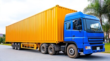 Blue truck transporting a yellow shipping container on a clear road with palm trees nearby