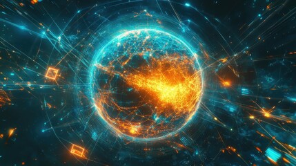 Fototapeta premium A digital Earth surrounded by glowing lines and firewall shields, emphasizing secure global data transmission