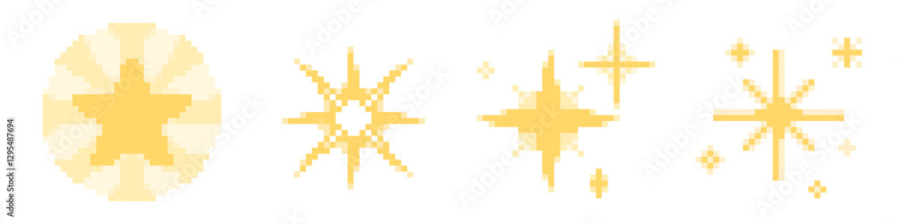 Poster pixel art set of golden sparkles and stars in 8-bit retro video game style. shiny yellow decorative 