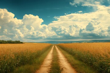 Fototapeta premium Dirt road crossing golden wheat field under cloudy sky
