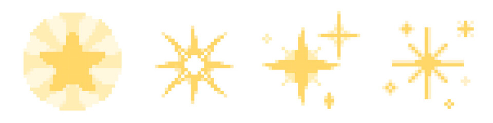 Pixel art set of golden sparkles and stars in 8-bit retro video game style. Shiny yellow decorative shapes and symbols. Digital assets collection for old school arcade games, mobile apps or web design