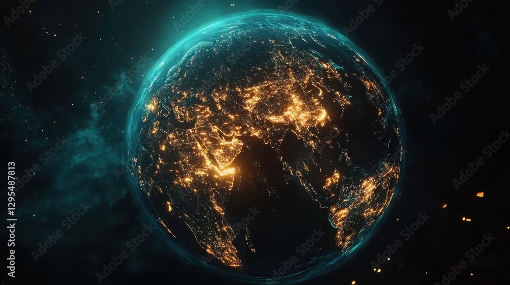 Poster a digital globe with illuminated pathways connecting major cities, representing real-time data flow 