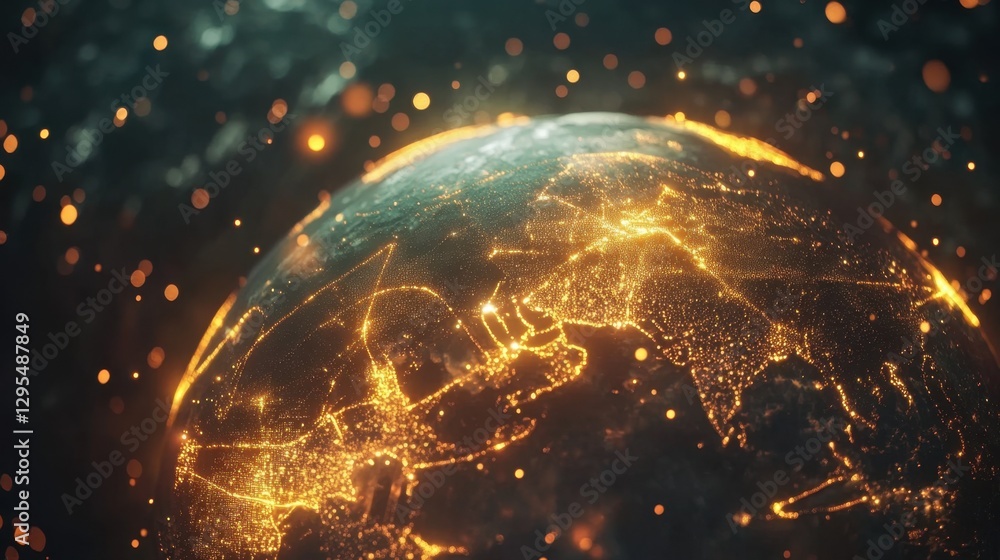 Poster a digital globe with illuminated pathways connecting major cities, representing real-time data flow 