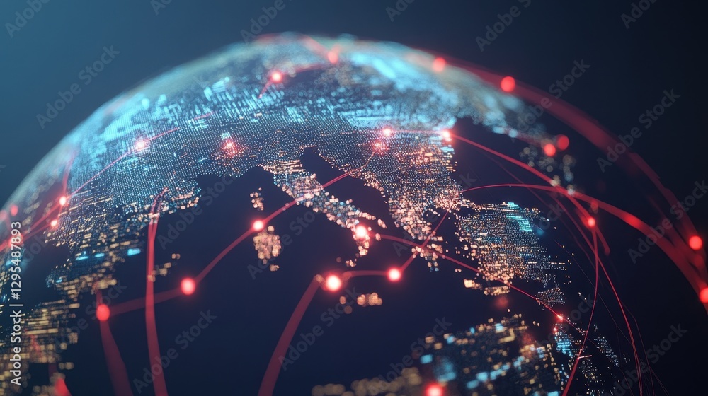 Poster a digital globe with illuminated pathways connecting major cities, representing real-time data flow 