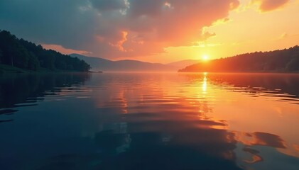 Naklejka premium Gentle ripples on calm lake water during sunset hours, lake, natural