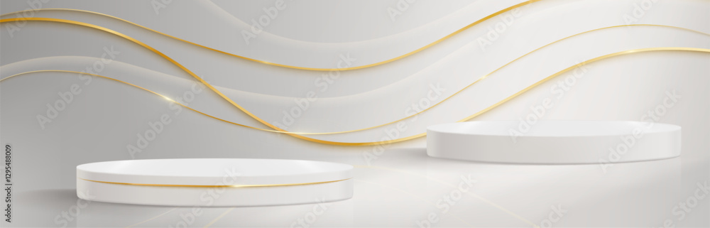 Aufkleber gold line podium on white background. minimal abstract scene with curved golden strings and round pe