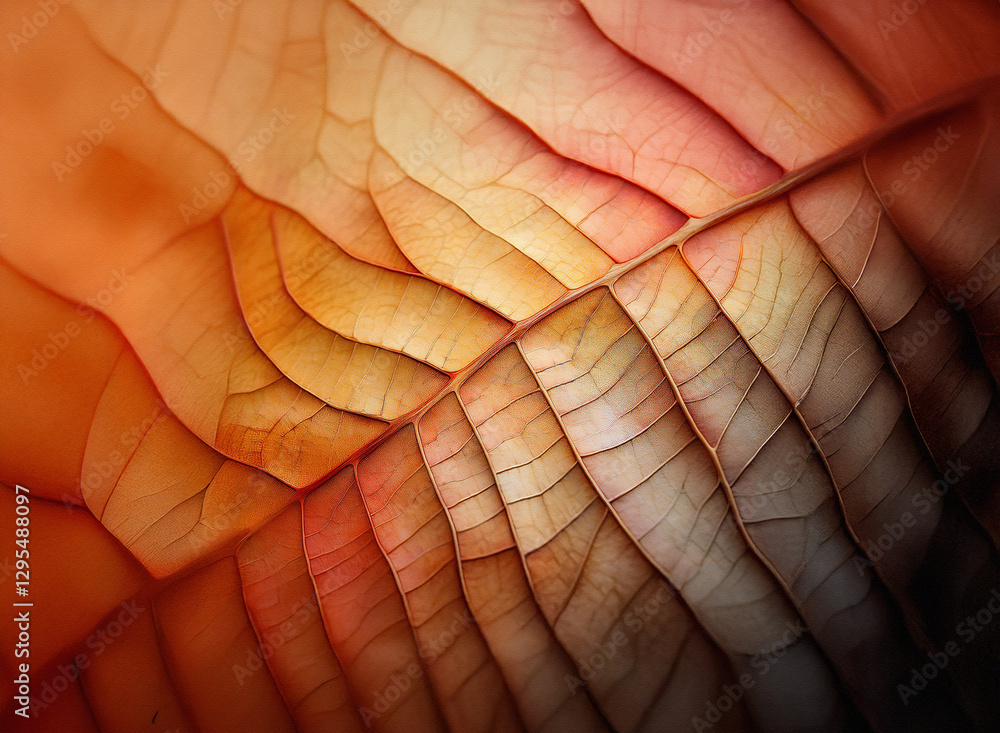 Poster detailed leaf veins are shown in warm orange and red tones, with a soft blurred background creating 