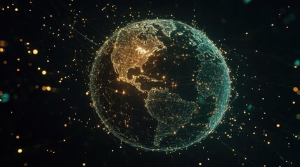 Obraz premium A digital rendering of Earth with bright web-like connections, illustrating worldwide digital networking and connectivity