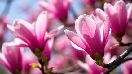 Fototapeta premium Pink flowering magnolia tree in full bloom with vibrant petals and a blurred background.