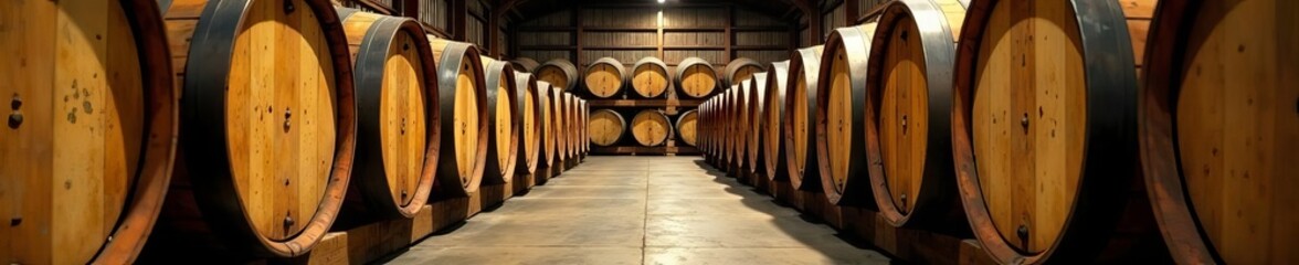 Stacked golden oak whiskey barrels in aging warehouse, fermentation, golden, casks