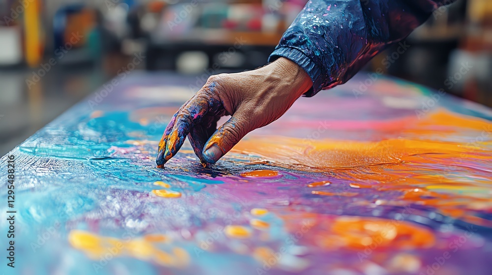 Poster artist s hand applying vibrant brush strokes on a colorful canvas, in the midst of creating abstract