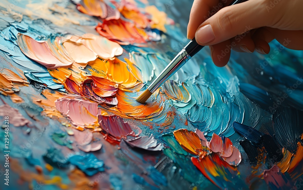 Poster artist s hand in motion, painting with a brush on a colorful canvas, creating a vibrant abstract art