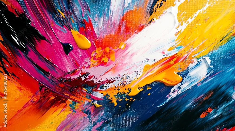 Poster artist s hand applying vibrant brush strokes on a colorful canvas, in the midst of creating abstract
