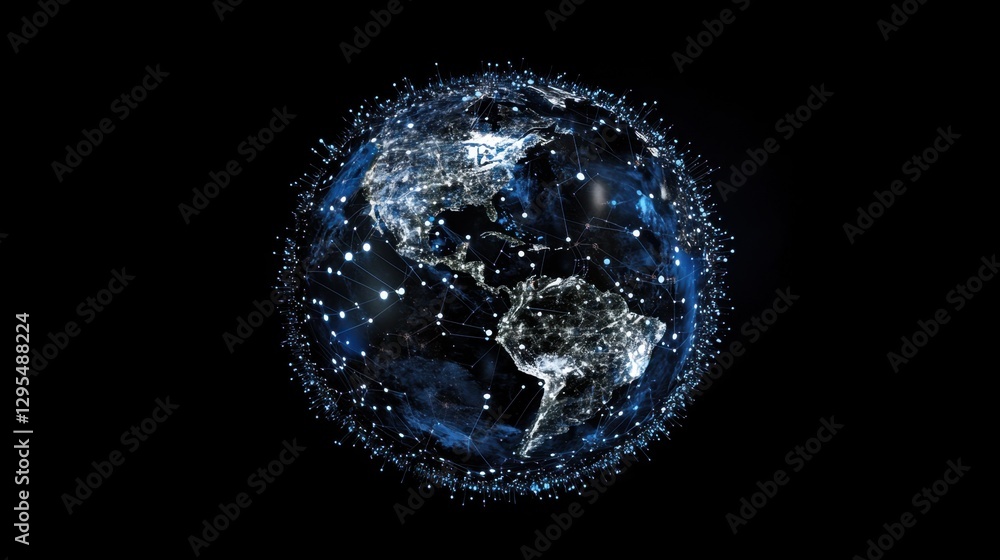Poster a digital representation of earth with pulsating white and blue nodes, highlighting the concept of g