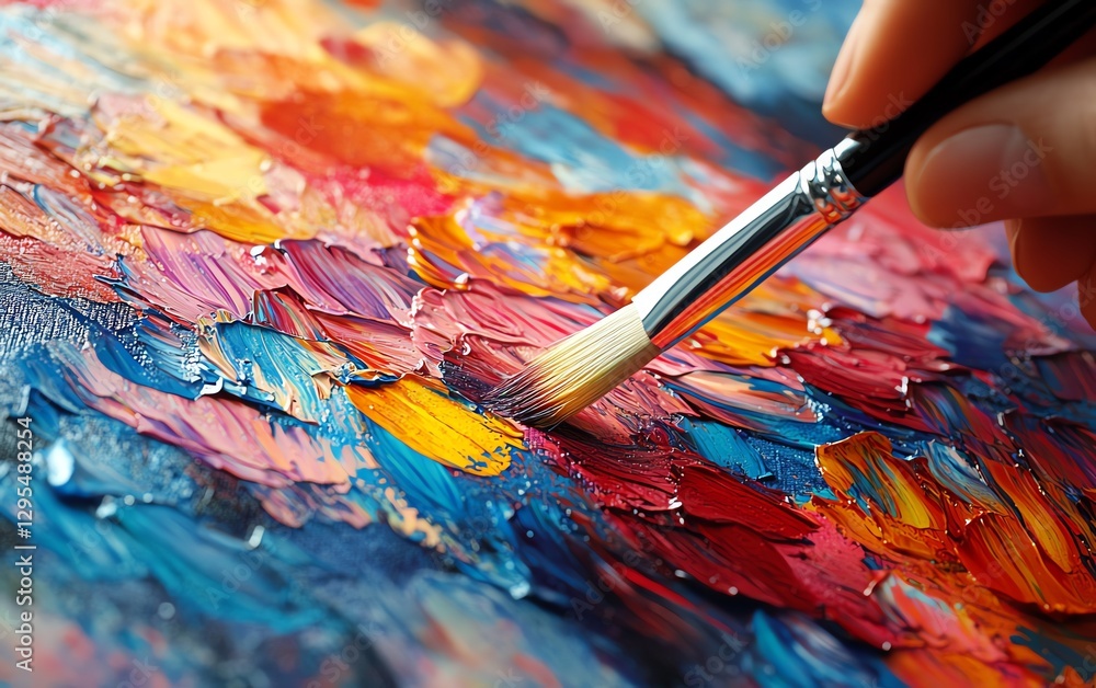 Poster artist s hand in motion, painting with a brush on a colorful canvas, creating a vibrant abstract art