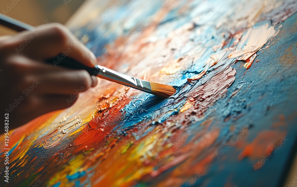 Poster artist s hand in motion, painting with a brush on a colorful canvas, creating a vibrant abstract art