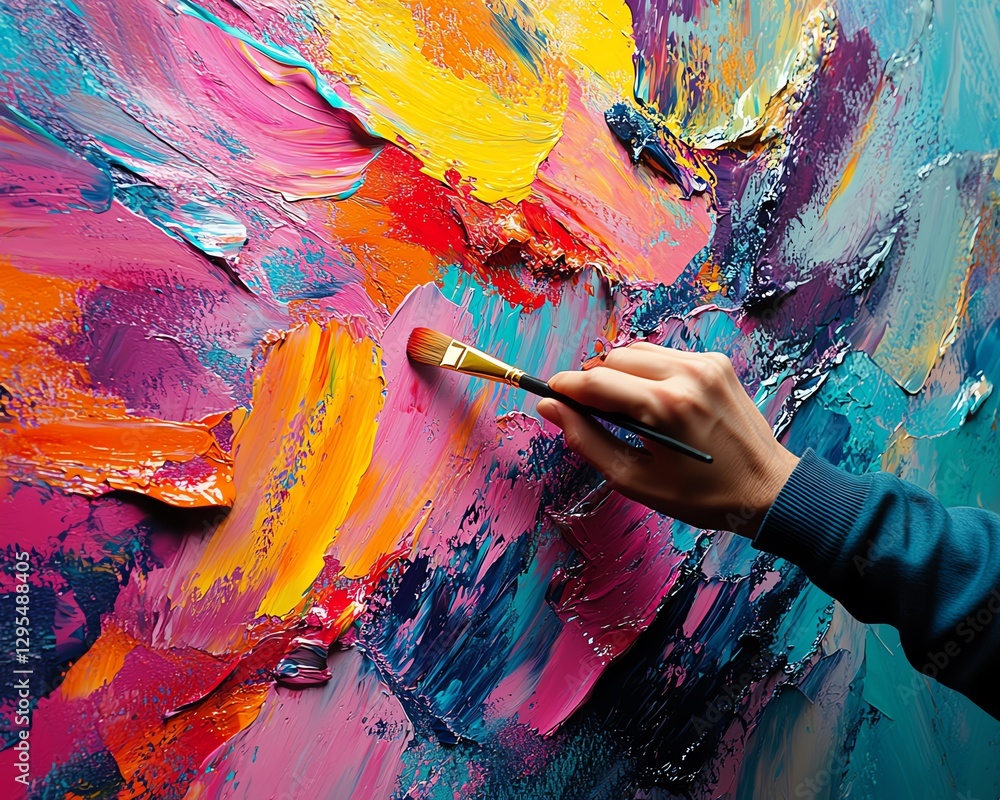 Poster Artists hand delicately painting with a brush on a colorful canvas, creating vibrant abstract art with bold, dynamic strokes in the process of artistic expression