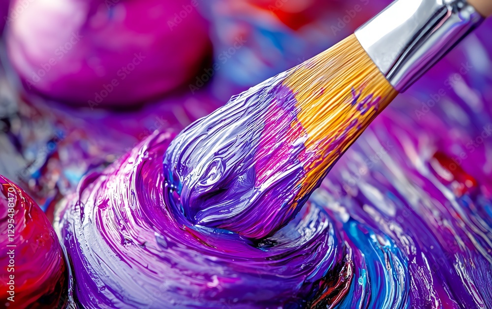 Poster closeup of a paintbrush in an artists hand, adding bold colors to a vibrant abstract painting, showc