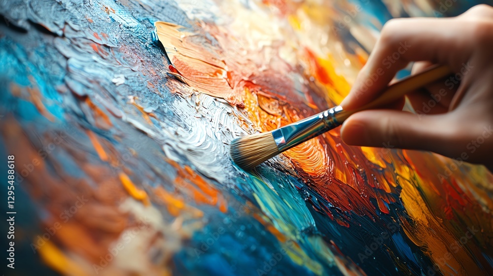 Poster closeup of an artists hand holding a brush, painting vibrant abstract art on a colorful canvas, capt