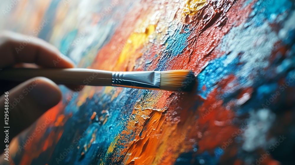 Poster closeup of an artists hand holding a brush, painting vibrant abstract art on a colorful canvas, capt