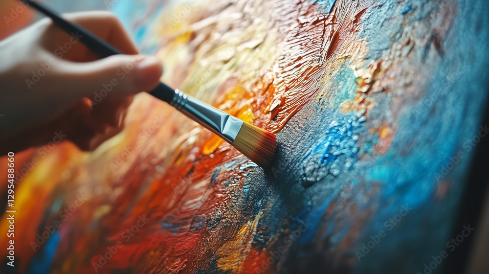Poster closeup of an artists hand holding a brush, painting vibrant abstract art on a colorful canvas, capt