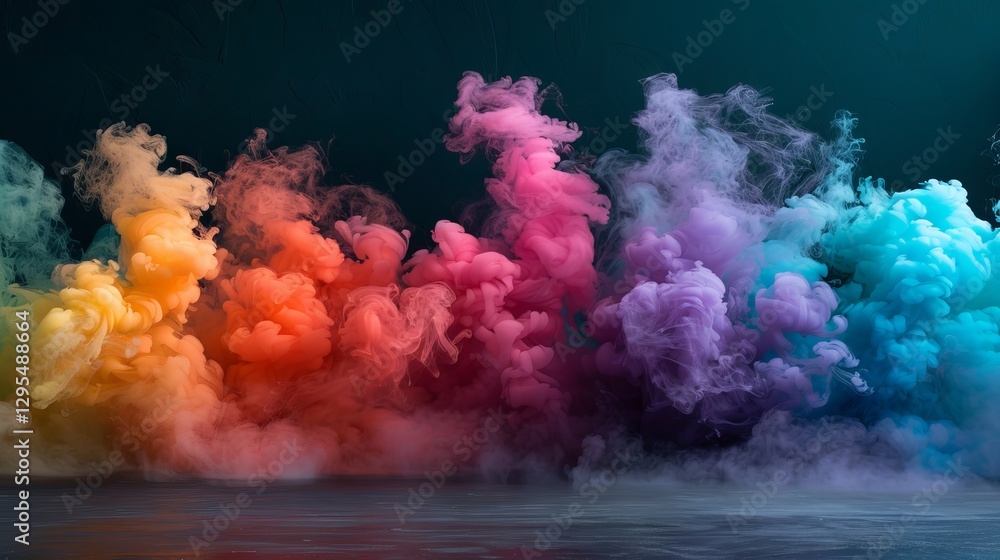 Poster vibrant swirl of multicolored smoke hovering over a dark floor with misty fog, isolated on a black b