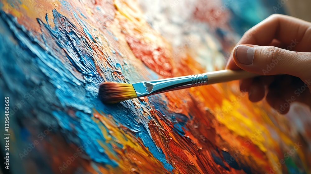 Poster closeup of an artists hand holding a brush, painting vibrant abstract art on a colorful canvas, capt