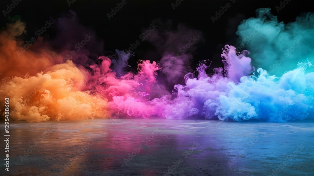 Poster vibrant swirl of multicolored smoke hovering over a dark floor with misty fog, isolated on a black b