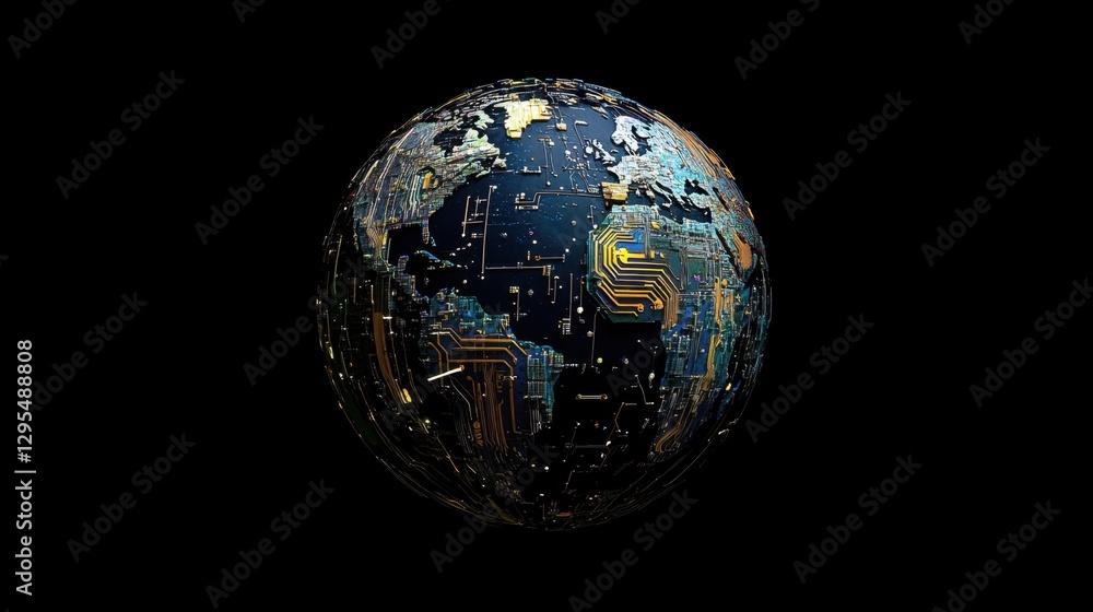 Poster a dynamic digital globe with interconnected circuits, representing worldwide communication and data 