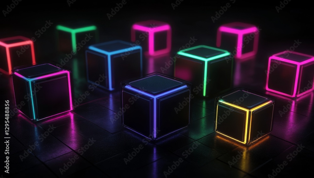 Aufkleber Futuristic blockchain visualization  neon lights and glowing elements on dark background