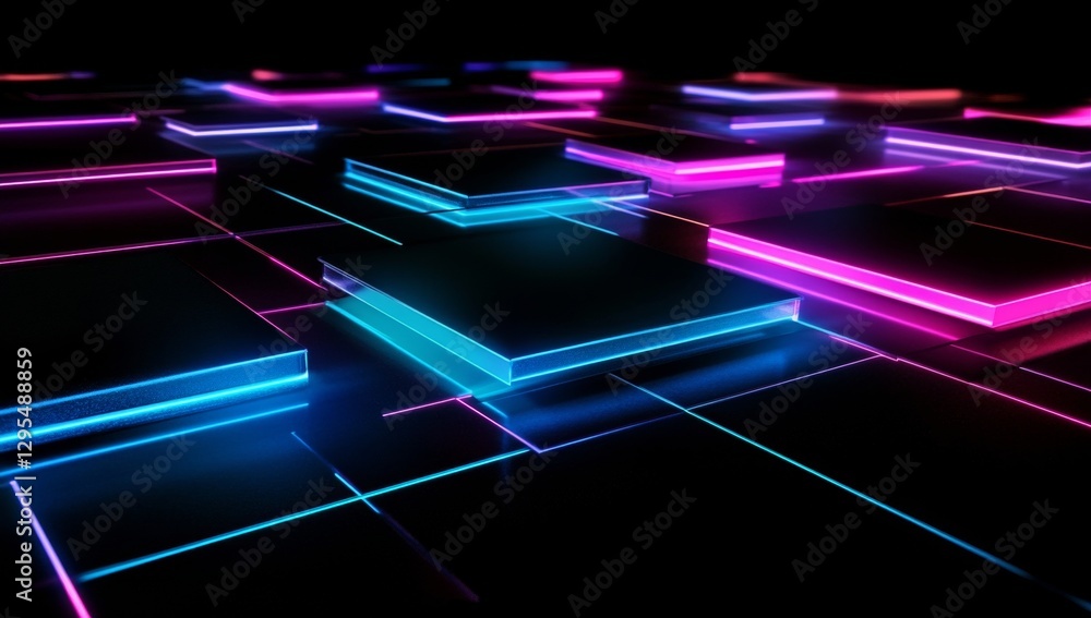 Poster neon blocks and lines on dark background illustrating the future of blockchain technology