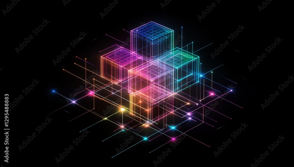Poster futuristic neon geometry abstract cubes and squares connected by glowing lines on dark background