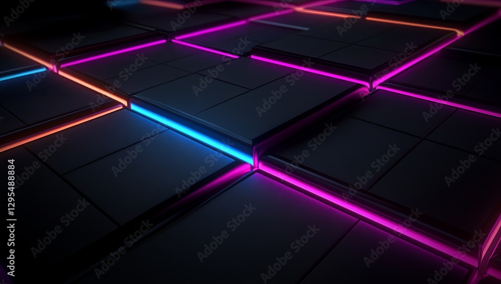 Poster futuristic blockchain technology glowing blocks and neon lines on a dark background