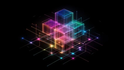 Obraz premium Futuristic neon geometry abstract cubes and squares connected by glowing lines on dark background