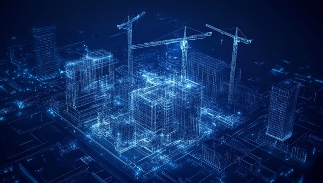 Isometric blueprint of a digital construction site with cranes and buildings on dark blue