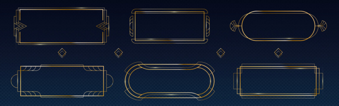 Golden art deco frames set isolated on transparent background. Vector realistic illustration of gatsby style rectangular and oval luxury borders, elegant shiny lines, retro 20s poster decoration