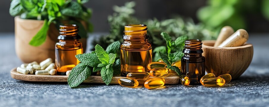 Closeup of natural remedies and herbal medicine, featuring vibrant herbs, tinctures, and essential oils, illustrating the power of alternative medicine and holistic healing