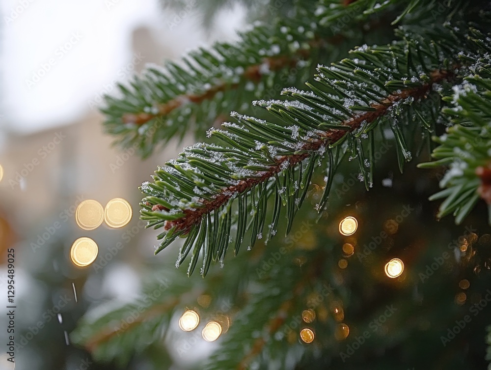 Poster festive evergreen branch adorned with delicate snowflakes against a backdrop of shimmering bokeh lig