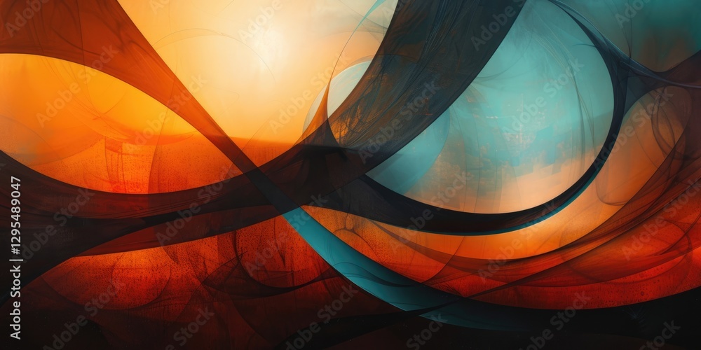 Poster abstract composition with intertwined orange and blue curves on a dark background. background image 
