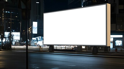 A large blank billboard illuminated brightly in a city at night