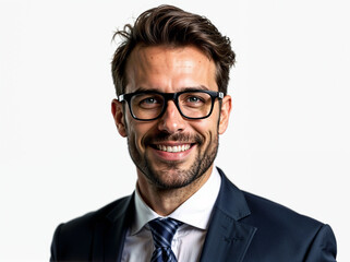 Happy man in glasses smiling confidently against a white background