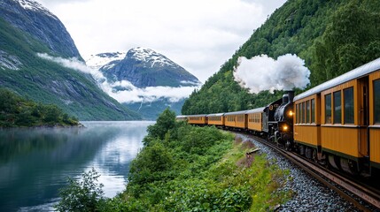 Obraz premium Scenic railways concept. A vintage train travels along a scenic river, surrounded by lush greenery and majestic mountains under a cloudy sky.