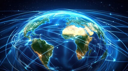 A futuristic Earth with bright, glowing lines and dots representing worldwide internet connections.