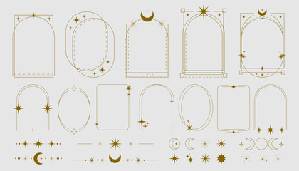 Y2k gold frames with cosmic elements - stars, moons and sparkles. Elegant borders in arch, rectangle and oval shapes. Minimal line text boxes for mystic decoration, Ramadan design or vintage style.