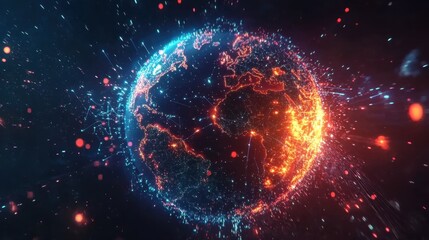 A futuristic Earth with bright, glowing lines and dots representing worldwide internet connections.