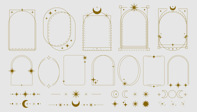Y2k gold frames with cosmic elements - stars, moons and sparkles. Elegant borders in arch, rectangle and oval shapes. Minimal line text boxes for mystic decoration, Ramadan design or vintage style.