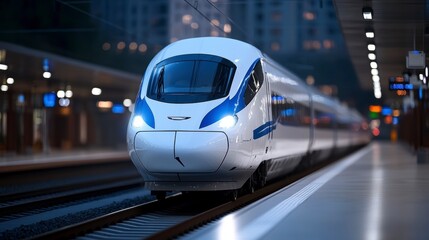 Naklejka premium High-speed train arriving at a modern urban station during twilight, showcasing sleek design and motion