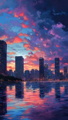 Fototapeta premium Chicago skyline reflects in the water during a beautiful sunset